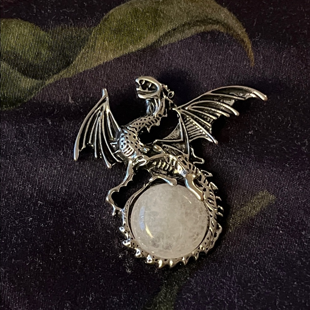 Silver Dragon Pendant  with White Stone